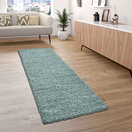 Paco Home Hochflor Teppich Wohnzimmer Shaggy Langflor Modern Einfarbig Ohne Muster, Grösse:70x250 cm, Farbe:Türkis von Paco Home