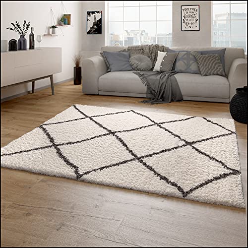 Paco Home Hochflor Teppich Wohnzimmer Shaggy Langflor Skandinavisches Rauten Muster Modern, Grösse:200 cm Quadrat, Farbe:Creme 6 von Paco Home