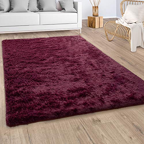 Paco Home Hochflor Teppich Wohnzimmer Shaggy Moderner Fellteppich Imitat Kunstfell Flauschig rutschfest Einfarbig Bordeaux Lila, Grösse:200x290 cm von Paco Home