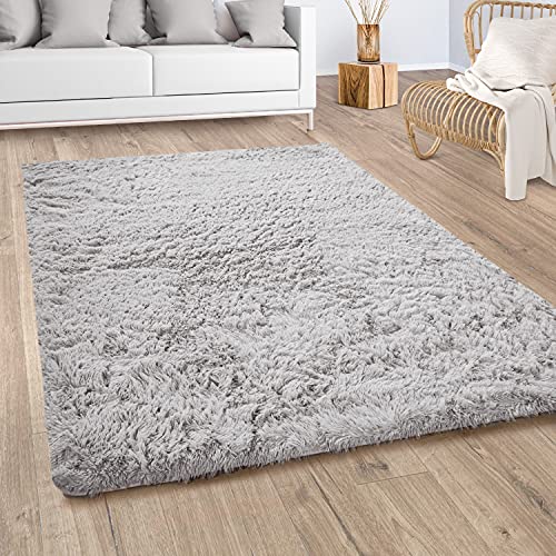 Paco Home Hochflor Teppich Wohnzimmer Shaggy Moderner Fellteppich Imitat Kunstfell Flauschig rutschfest Einfarbig Silber Grau, Grösse:140x200 cm von Paco Home