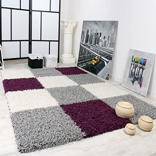 Paco Home Hochflor Teppich Wohnzimmer Wohnzimmerteppich Schlafzimmer Shaggy Modern Geometrisches Kariertes Muster, Grösse:200x280 cm, Farbe:Lila von Paco Home