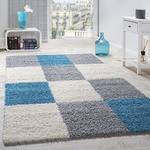 Paco Home Hochflor Teppich Wohnzimmer Wohnzimmerteppich Schlafzimmer Shaggy Modern Geometrisches Kariertes Muster, Grösse:240x320 cm, Farbe:Türkis von Paco Home