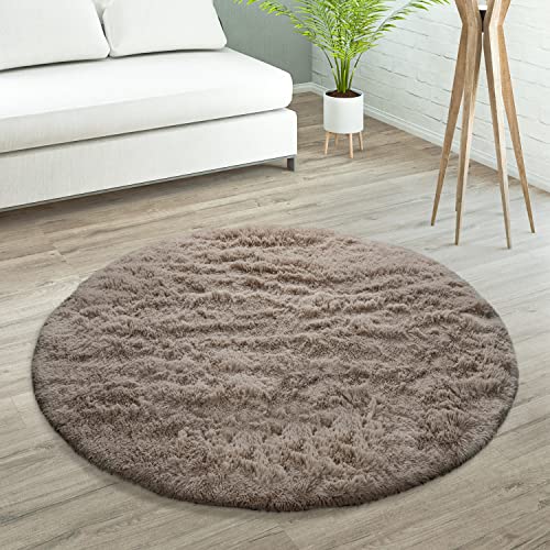 Paco Home Hochflor Teppich Wohnzimmer rutschfest Fellteppich Shaggy Flauschig Weich Modern Kunstfell Fell Imitat Einfarbig, Grösse:160 cm Rund, Farbe:Taupe von Paco Home