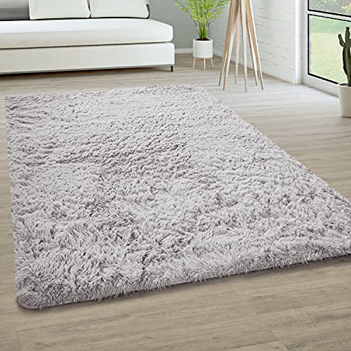 Paco Home Hochflor Teppich Wohnzimmer rutschfest Fellteppich Shaggy Flauschig Weich Modern Kunstfell Fell Imitat Einfarbig, Grösse:160x220 cm, Farbe:Silber von Paco Home