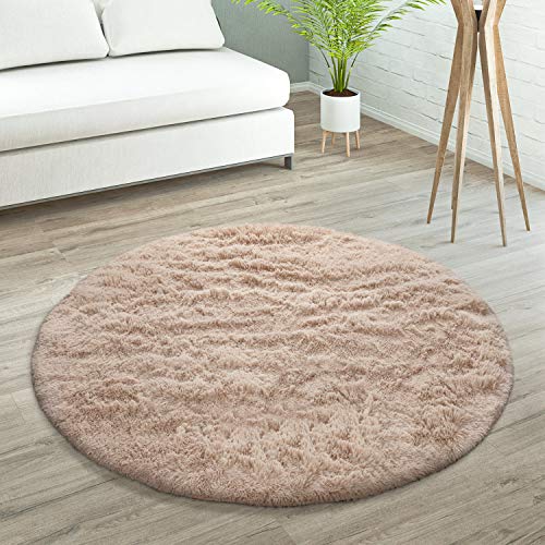Paco Home Hochflor Teppich Wohnzimmer rutschfest Fellteppich Shaggy Flauschig Weich Modern Kunstfell Fell Imitat Einfarbig, Grösse:200 cm Rund, Farbe:Beige von Paco Home