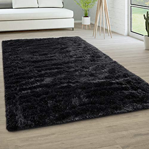 Paco Home Hochflor Teppich Wohnzimmer rutschfest Fellteppich Shaggy Flauschig Weich Modern Kunstfell Fell Imitat Einfarbig, Grösse:200x290 cm, Farbe:Schwarz von Paco Home