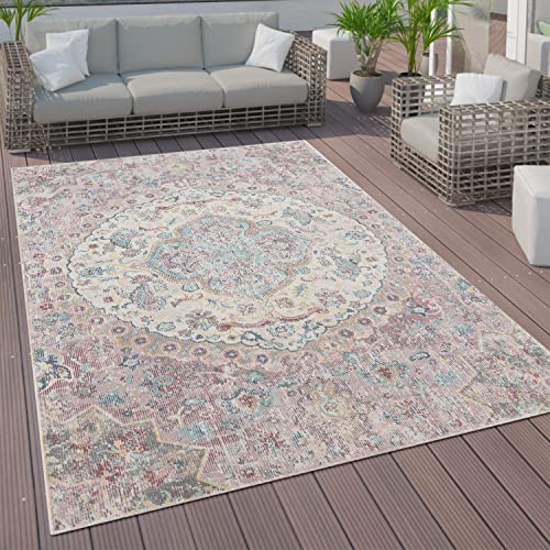 Paco Home Outdoor Teppich Kurzflor Garten Terrasse Wohnzimmer Vintage Pastell Orientalisches Muster Modern, Grösse:120x170 cm, Farbe:Pink von Paco Home