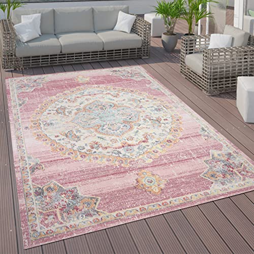 Paco Home Outdoor Teppich Kurzflor Garten Terrasse Wohnzimmer Vintage Pastell Orientalisches Muster Modern, Grösse:160 cm Rund, Farbe:Pink 4 von Paco Home