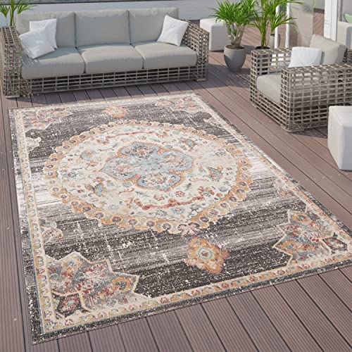 Paco Home Outdoor Teppich Kurzflor Garten Terrasse Wohnzimmer Vintage Pastell Orientalisches Muster Modern, Grösse:200 cm Rund, Farbe:Grau 4 von Paco Home