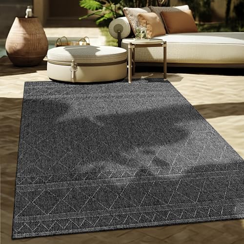 Paco Home Outdoor Teppich Flachgewebe Modern Boho-Style wetterfest & UV-beständig Ideal für Terrasse Balkon Wohnzimmer & Küche, Grösse:200 cm Rund, Farbe:Anthrazit 2 von Paco Home