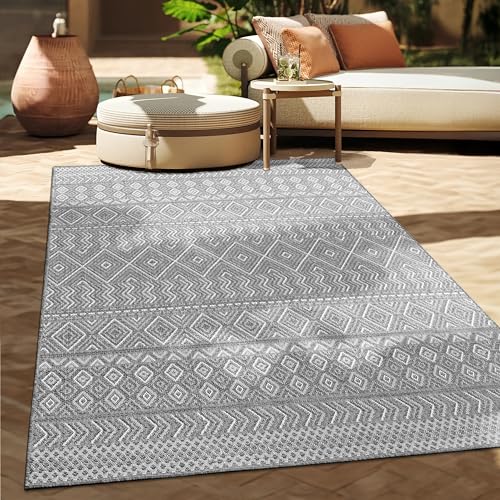 Paco Home Outdoor Teppich Flachgewebe Modern Boho-Style wetterfest & UV-beständig Ideal für Terrasse Balkon Wohnzimmer & Küche, Grösse:200x280 cm, Farbe:Grau 3 von Paco Home
