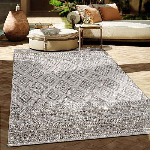 Paco Home Outdoor Teppich Flachgewebe Modern Boho-Style wetterfest & UV-beständig Ideal für Terrasse Balkon Wohnzimmer & Küche, Grösse:300x400 cm, Farbe:Beige 2 von Paco Home