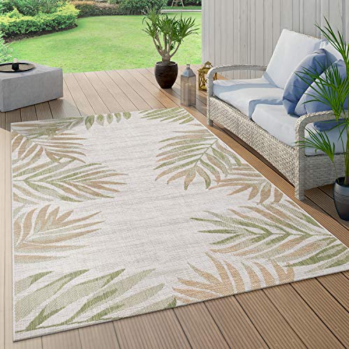 Paco Home In- & Outdoorteppich Beige Grün Balkon Terrasse Palmen Blätter Muster Robust, Grösse:80x150 cm von Paco Home