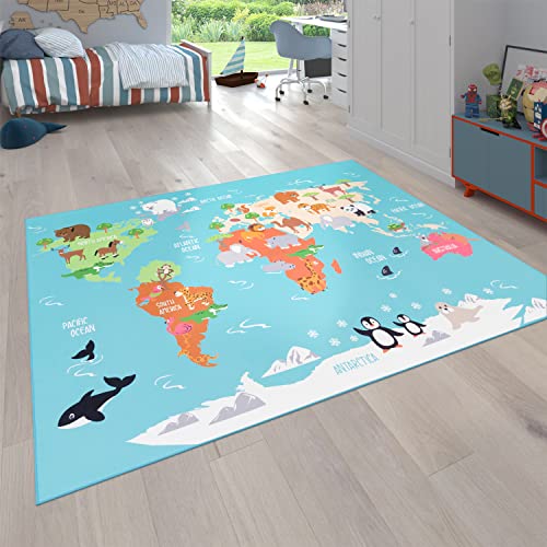 Paco Home Kinder-Teppich Für Kinderzimmer, Spiel-Teppich, Weltkarte Mit Tieren rutschfest In Türkis, Grösse:200 cm Quadrat von Paco Home