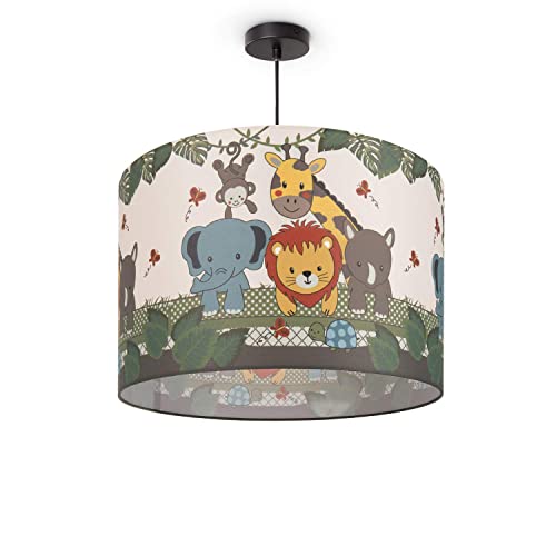 Paco Home Hängelampe Pendellampe Mädchen Junge Kinderzimmer Deckenlampe Stoff Lampenschirm Dschungel Tiere E27 1,5m Textilkabel Kürzbar Dino Löwe Zoo von Paco Home