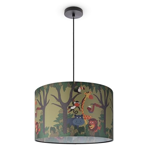 Paco Home Kinderlampe Deckenlampe LED Pendelleuchte Kinderzimmer Dschungel Tier-Motiv E27, Lampenschirm: Grün (Ø45.5 cm), Lampentyp: Pendelleuchte Schwarz von Paco Home