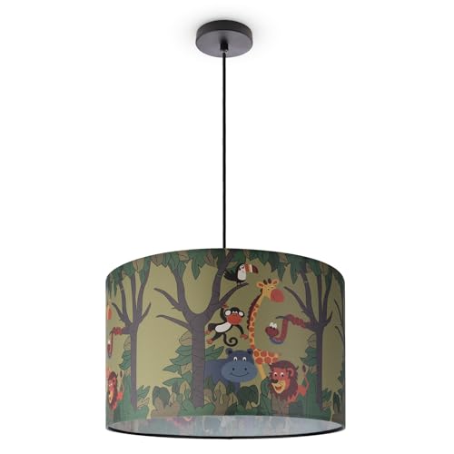 Paco Home Hängelampe Mädchen Junge Pendellampe Kinderzimmer Lampe Deckenlampe Stoff E27 Lampenschirm Dschungel Tiere 1,5m Textilkabel Kürzbar Jungle von Paco Home