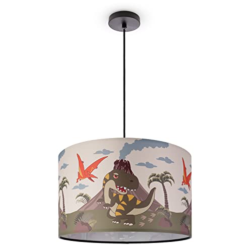 Paco Home Hängelampe Mädchen Junge Deckenlampe Kinderzimmer Lampe Stoff E27 Lampenschirm Dschungel Tiere 1,5m Textilkabel Kürzbar Dinosaurier Dino von Paco Home