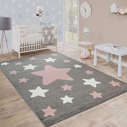 Paco Home Kinderteppich, Moderner Kinderzimmer Teppich in Pastell Farben m.Stern Motiven, Grösse:200x280 cm, Farbe:Grau von Paco Home