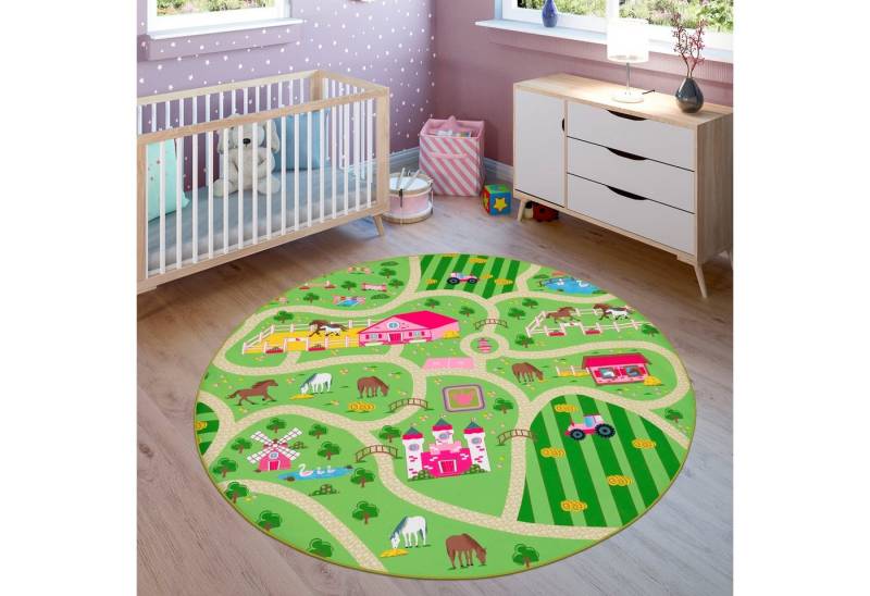 Paco Home Kinderteppich Bino 560, rund, Höhe: 4 mm, Kurzflor, Straßen-Spiel-Teppich, Motiv Bauernhof, Kinderzimmer von Paco Home