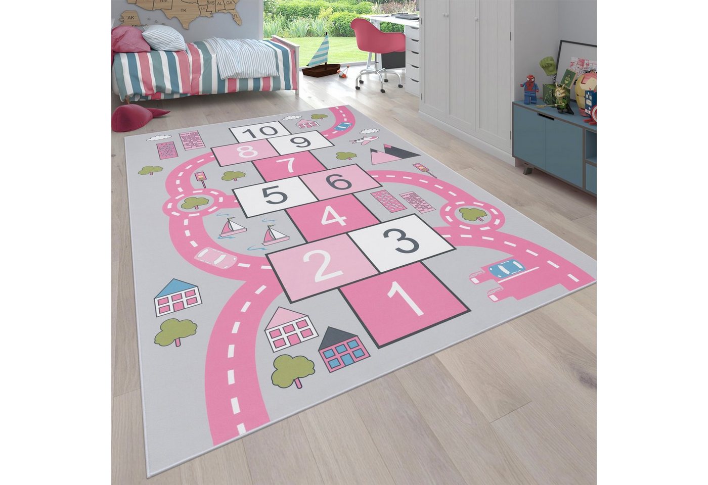 Paco Home Kinderteppich Bino 569, rechteckig, Höhe: 4 mm, Kurzflor, Straßen-Spiel-Teppich & Motiv Hüpfkästchen "Himmel & Hölle" von Paco Home