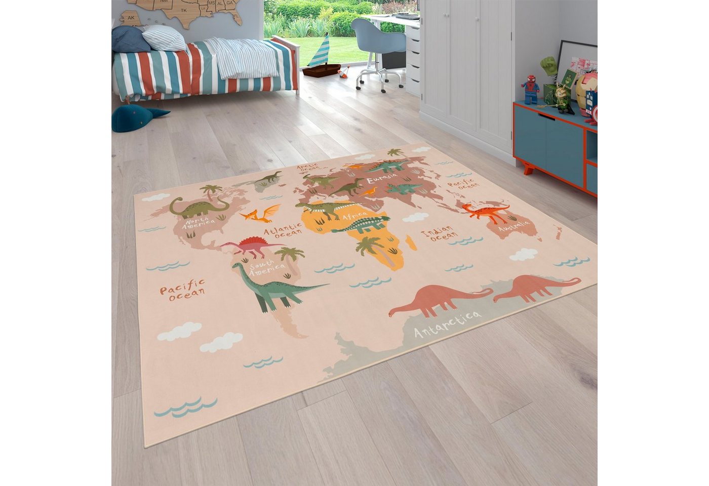 Paco Home Kinderteppich Bino 583, rechteckig, Höhe: 4 mm, Spielteppich, Motiv Weltkarte & Dinosaurier, Kinderzimmer Paco Home Kinderteppich Bino 583, rechteckig, Höhe: 4 mm, Spielteppich, Motiv Weltkarte & Dinosaurier, Kinderzimmer von Paco Home