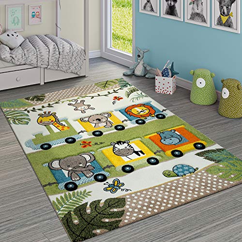 Paco Home Kinderteppich Bunt Grün Zoo Tiere Lokomotive Zug Dschungel 3-D Effekt Kurzflor, Grösse:80x150 cm von Paco Home