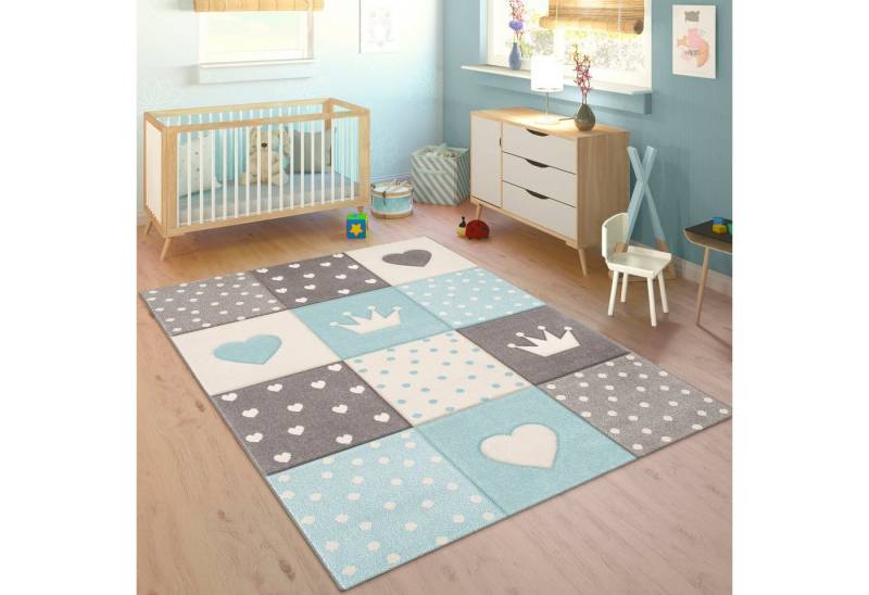 Paco Home Kinderteppich Cosmo 339, rechteckig, Höhe: 16 mm, Kurzflor, Pastell-Farben, 3D-Effekt, Motiv Herz, Punkte & Krone Paco Home Kinderteppich Cosmo 339, rechteckig, Höhe: 16 mm, Kurzflor, Pastell-Farben, 3D-Effekt, Motiv Herz, Punkte & Krone von Paco Home