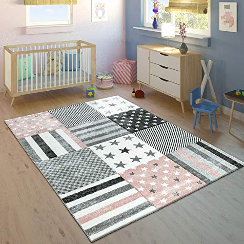 Paco Home Kinderteppich Kinderzimmer Konturenschnitt Stern Muster Rosa Grau Pastellfarben, Grösse:160x230 cm von Paco Home