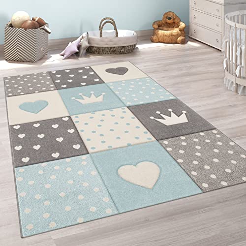 Paco Home Teppich Kinderzimmer Junge Mädchen Kinderteppich Spielteppich Kurzflor 3D Optik Pastell Punkte Herzen Krone, Grösse:200x290 cm, Farbe:Blau von Paco Home