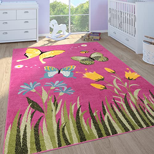 Paco Home Kinderteppich Kinderzimmer Spielteppich Kurzflor Schmetterlinge Blumen In Pink, Grösse:80x150 cm von Paco Home