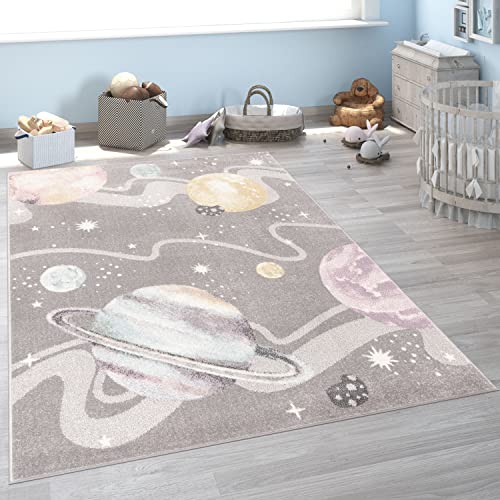 Paco Home Kinderteppich Teppich Kinderzimmer Junge Mädchen Modern Weltraum Planeten Sterne Weich Grau Mehrfarbig, Grösse:240x340 cm von Paco Home