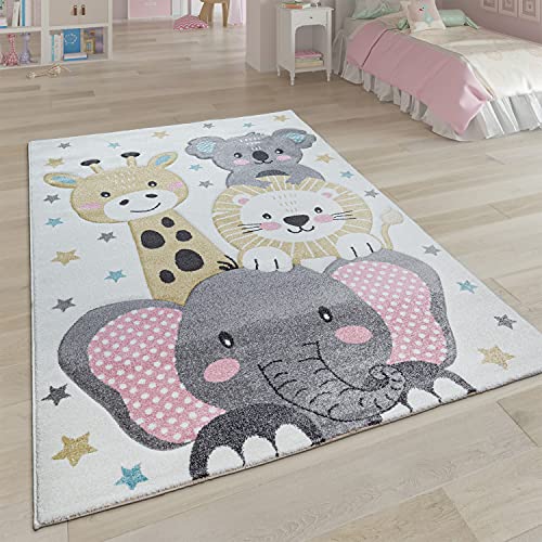 Paco Home Kinderteppich Teppich Kinderzimmer Kurzflor Mädchen Jungs Sterne Tier Muster Creme Grau, Grösse:200 cm Rund von Paco Home