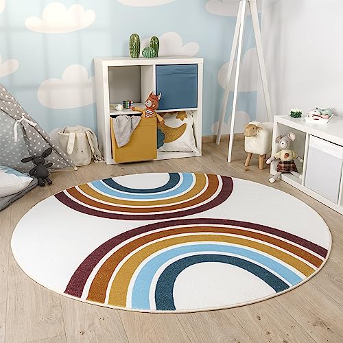 Paco Home Kinderteppich Teppich Kinderzimmer Rund Spielmatte Babymatte Waschbar Bis 30 Grad Sonne Regenbogen Schriftzug Motiv, Grösse:120 cm Rund, Farbe:Bunt 2 von Paco Home