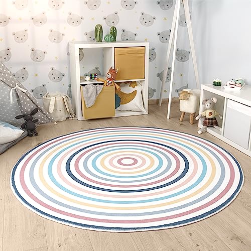 Paco Home Kinderteppich Teppich Kinderzimmer Rund Spielmatte Babymatte Waschbar Bis 30 Grad Sonne Regenbogen Schriftzug Motiv, Grösse:120 cm Rund, Farbe:Bunt 4 von Paco Home