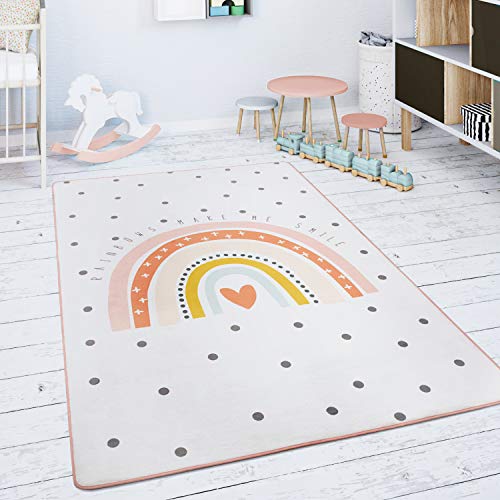 Paco Home Spielmatte Kinderteppich Teppich Kinderzimmer rutschfest Modern Regenbogen Herz Creme Rosa, Grösse:150 cm Rund von Paco Home