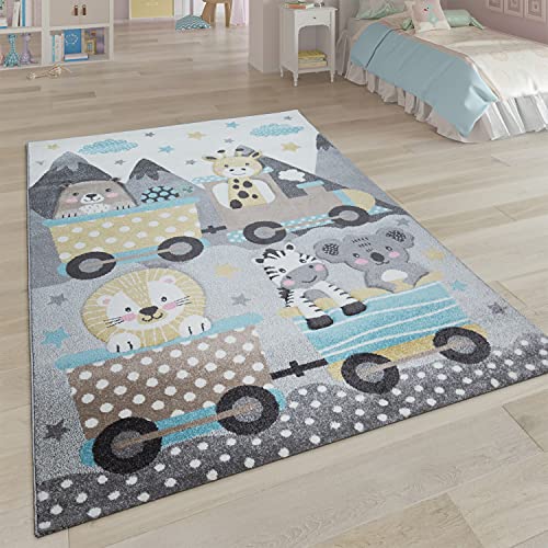 Paco Home Kinderteppich Teppich Kinderzimmer Spielteppich Junge Mädchen 3D Konturenschnitt Tier Motiv Grau Gelb Braun, Grösse:120 cm Rund von Paco Home