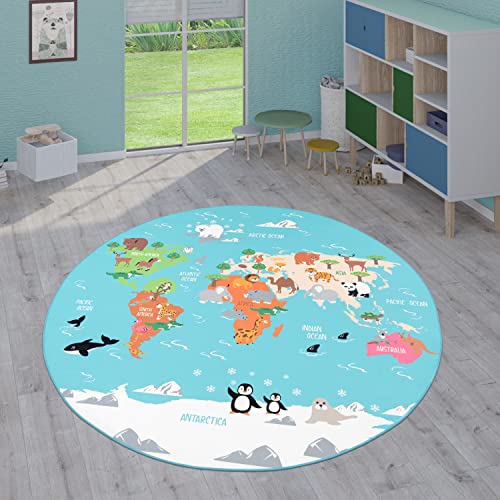 Paco Home Kinderteppich Teppich Kinderzimmer Spielteppich Junge Mädchen Modern rutschfest, Grösse:200 cm Rund, Farbe:Türkis von Paco Home
