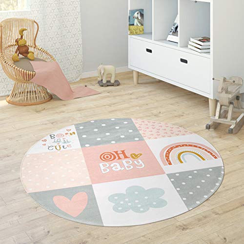 Paco Home Kinderteppich Teppich Rund Kinderzimmer Spielmatte Babymatte rutschfest Stern Mond Elefant Regenbogen, Grösse:Ø 150 cm Rund, Farbe:Pink von Paco Home