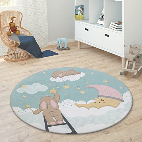 Paco Home Kinderteppich Teppich Rund Kinderzimmer Spielmatte Babymatte rutschfest Stern Mond Elefant Regenbogen, Grösse:Ø 80 cm Rund, Farbe:Türkis von Paco Home