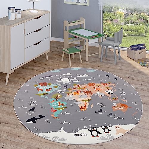 Paco Home Kinderteppich Teppich Rund Kinderzimmer Spielteppich Straßenteppich Modern rutschfest Junge Mädchen, Grösse:200 cm Rund, Farbe:Grau 4 von Paco Home
