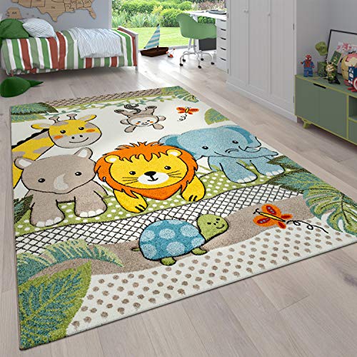 Paco Home Kinderzimmer Kinderteppich für Jungen mit Tier u. Dschungel Motiven Kurzflor, Grösse:120 cm Rund, Farbe:Grün 2 von Paco Home