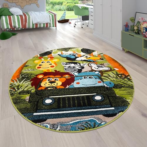 Paco Home Kinderzimmer Kinderteppich für Jungen mit Tier u. Dschungel Motiven Kurzflor, Grösse:120 cm Rund, Farbe:Grün 6 von Paco Home