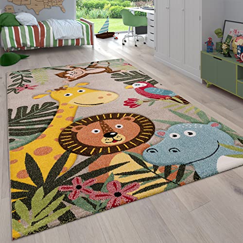 Paco Home Kinderzimmer Kinderteppich für Jungen mit Tier u. Dschungel Motiven Kurzflor, Grösse:133 cm Quadrat, Farbe:Beige von Paco Home