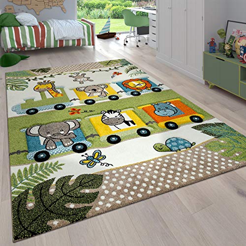 Paco Home Kinderzimmer Kinderteppich für Jungen mit Tier u. Dschungel Motiven Kurzflor, Grösse:133 cm Quadrat, Farbe:Grün 3 von Paco Home