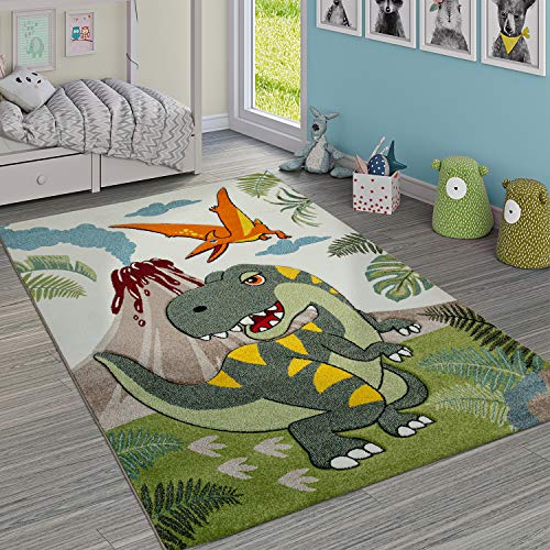 Paco Home Kinderzimmer Teppich Grün Dinosaurier Dschungel Vulkan 3-D Effekt Kurzflor, Grösse:120x170 cm von Paco Home