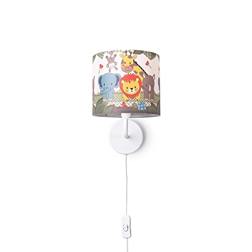 Paco Home Kinderzimmer Wandlampe Stoffschirm Wandleuchte Rund Dschungel Tiere Junge Mädchen E27 Zoo Mit Stecker Und Kabel von Paco Home