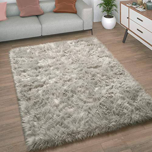 Paco Home Kunstfell Fellteppich Imitat Teppich Hochflor Sitzkissen Herzform Rund Fell Form, Grösse:45 cm Rund, Farbe:Grau von Paco Home