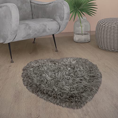 Paco Home Kunstfell Fellteppich Imitat Teppich Hochflor Sitzkissen Herzform Rund Fell Form, Grösse:80x75 cm Herz-Form, Farbe:Anthrazit von Paco Home