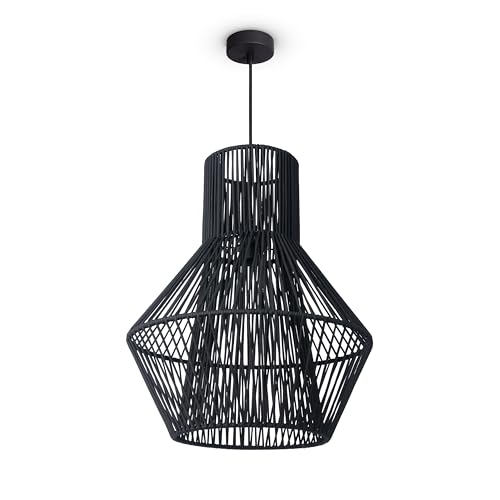Paco Home LED Pendelleuchte Wohnzimmer Pendellampe Hängeleuchte Esszimmer Küche Deko Vintage Korboptik Boho Natur E27, Lampenart:Pendelleuchte, Farbe:Schwarz 10 von Paco Home